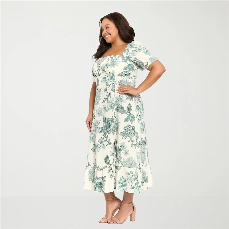 London Times Womens Plus Midi Square Neck Short Sleeve Puffed Floral Fit + Flare Dress