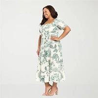 London Times Womens Plus Midi Square Neck Short Sleeve Puffed Floral Fit + Flare Dress