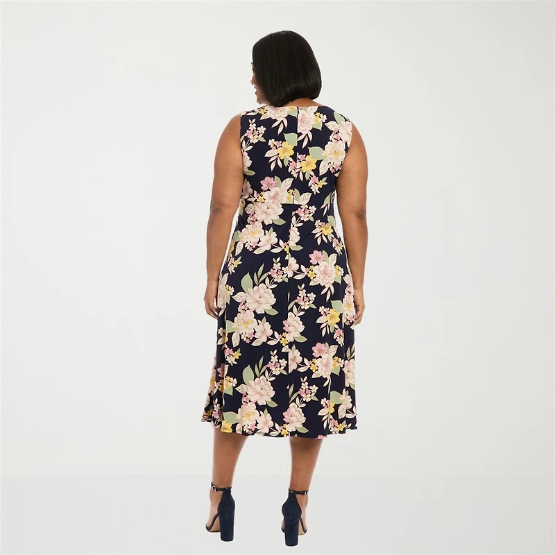 London Times Womens Plus Midi Round Neck Sleeveless Floral Fit + Flare Dress