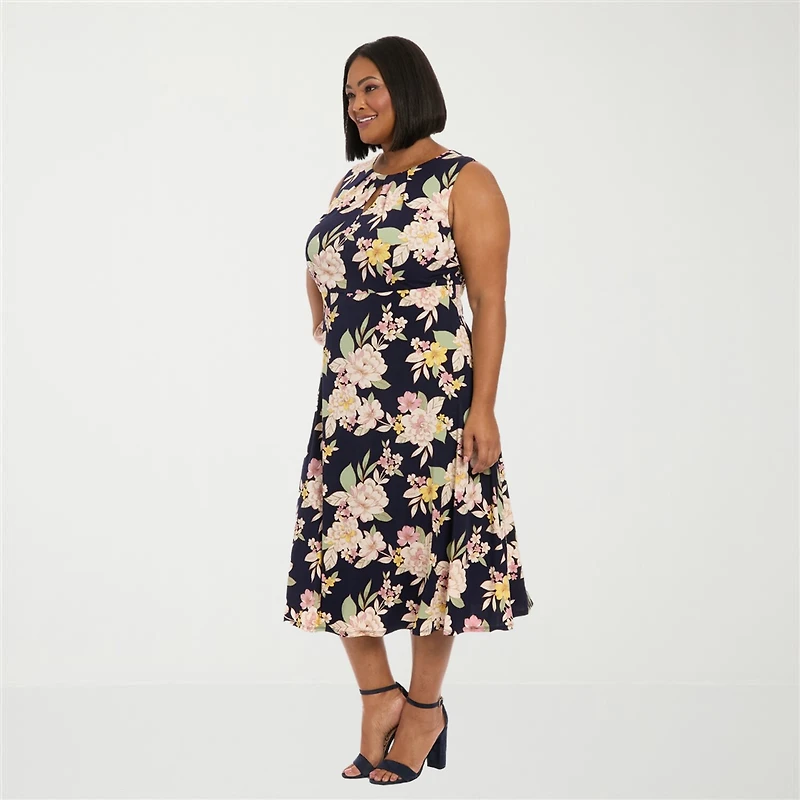 London Times Womens Plus Midi Round Neck Sleeveless Floral Fit + Flare Dress