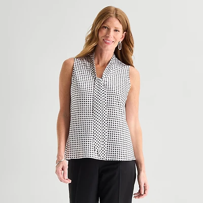 Black Label by Evan-Picone Womens Split Tie Neck Sleeveless Satin Blouse