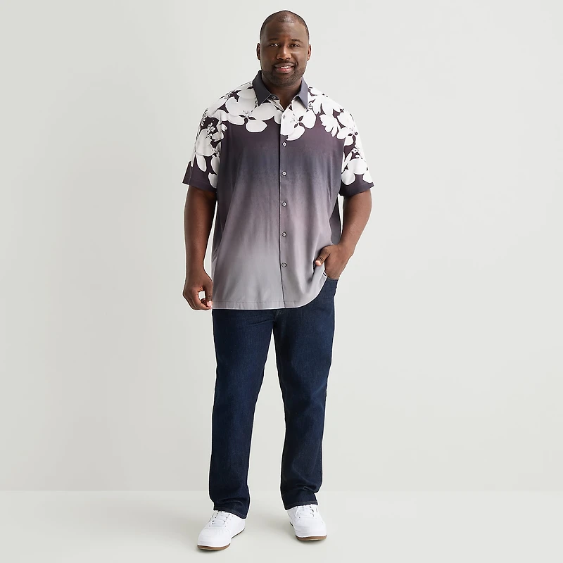 Shaquille O'Neal XLG™ Placement Print Mens Short Sleeve Regular Fit Big and Tall Button-Down Shirt