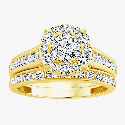 (F / Si2) Womens 2 CT. T.W. Lab Grown White Diamond 14K Gold Over Silver Round Side Stone Halo Bridal Set