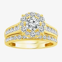 (F / Si2) Womens 2 CT. T.W. Lab Grown White Diamond 14K Gold Over Silver Round Side Stone Halo Bridal Set