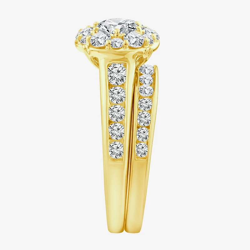 (F / Si2) Womens 2 CT. T.W. Lab Grown White Diamond 14K Gold Over Silver Round Side Stone Halo Bridal Set