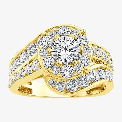 (F / Si2) Womens 3 CT. T.W. Lab Grown White Diamond 14K Gold Over Silver Round Side Stone Halo Engagement Ring