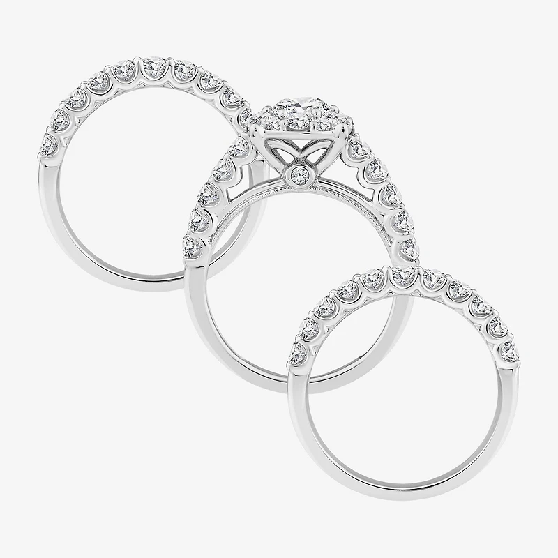 (F / Si2) Womens 3 CT. T.W. Lab Grown White Diamond Sterling Silver Round Side Stone Halo Bridal Set