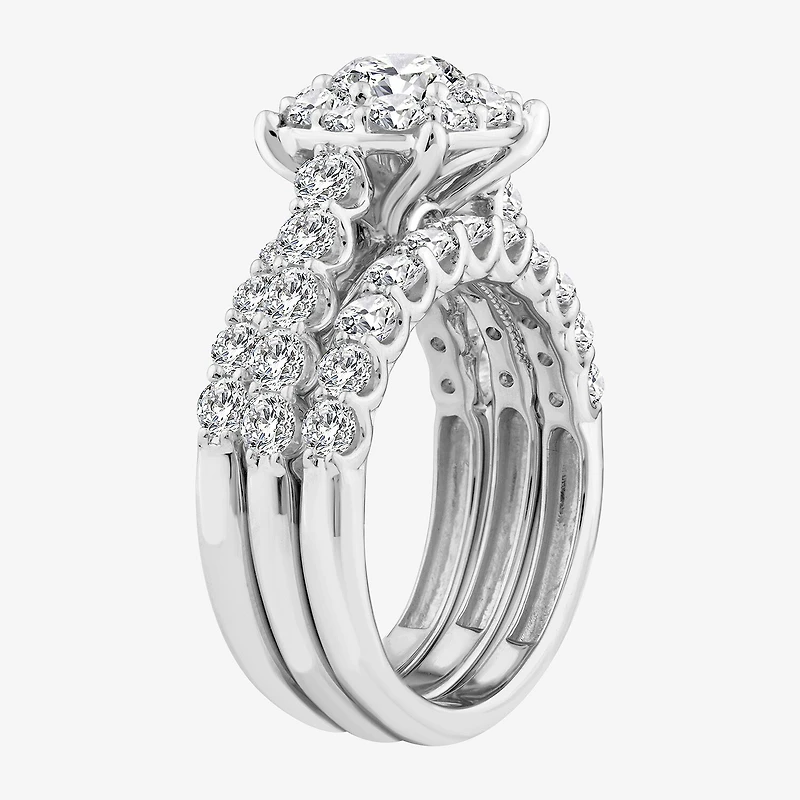 (F / Si2) Womens 3 CT. T.W. Lab Grown White Diamond Sterling Silver Round Side Stone Halo Bridal Set