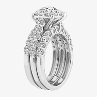 (F / Si2) Womens 3 CT. T.W. Lab Grown White Diamond Sterling Silver Round Side Stone Halo Bridal Set
