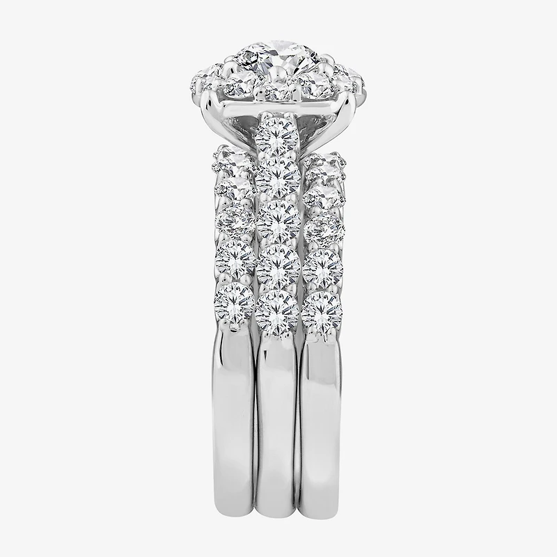 (F / Si2) Womens 3 CT. T.W. Lab Grown White Diamond Sterling Silver Round Side Stone Halo Bridal Set