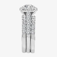 (F / Si2) Womens 3 CT. T.W. Lab Grown White Diamond Sterling Silver Round Side Stone Halo Bridal Set