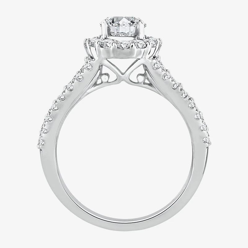 (F / Si1) Womens 2 1/4 CT. T.W. Lab Grown White Diamond Sterling Silver Oval Side Stone Halo Engagement Ring