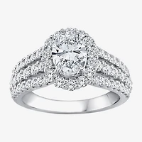(F / Si1) Womens 2 1/4 CT. T.W. Lab Grown White Diamond Sterling Silver Oval Side Stone Halo Engagement Ring