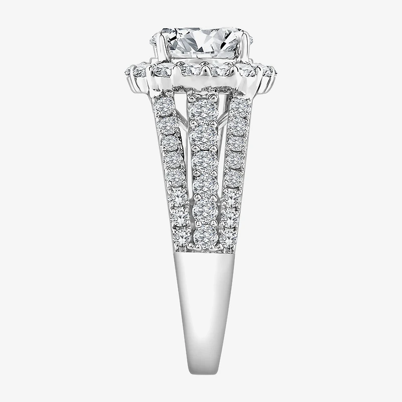 (F / Si1) Womens 2 1/4 CT. T.W. Lab Grown White Diamond Sterling Silver Oval Side Stone Halo Engagement Ring