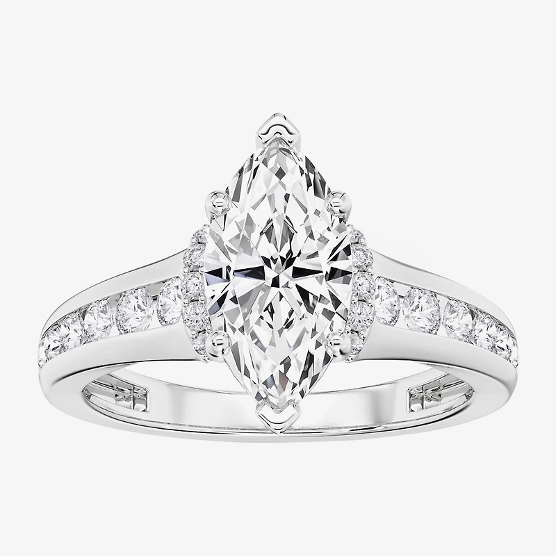 (F / Vs2) Womens 1 1/2 CT. T.W. Lab Grown White Diamond 10K Gold Marquise Side Stone Engagement Ring