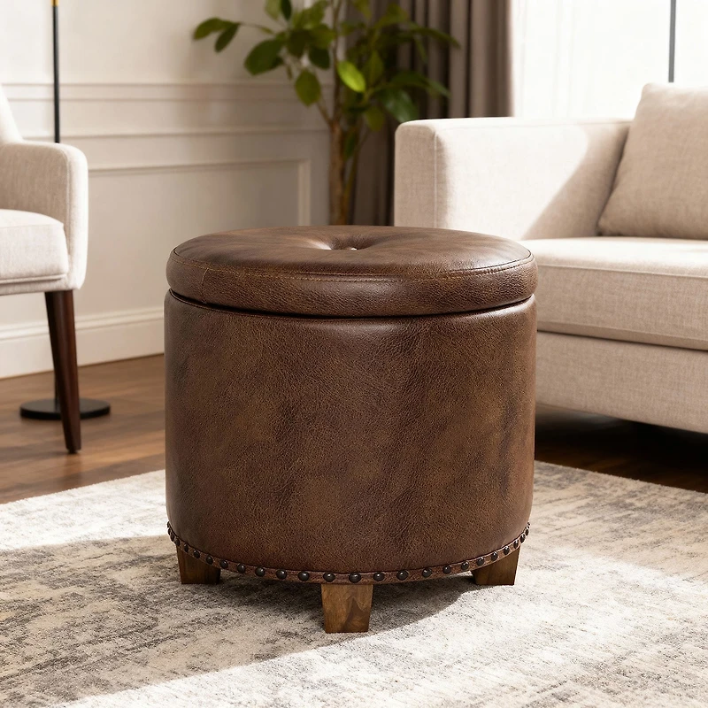 Kinfine HomePop Luxury Small Storage Ottoman in Faux Leather