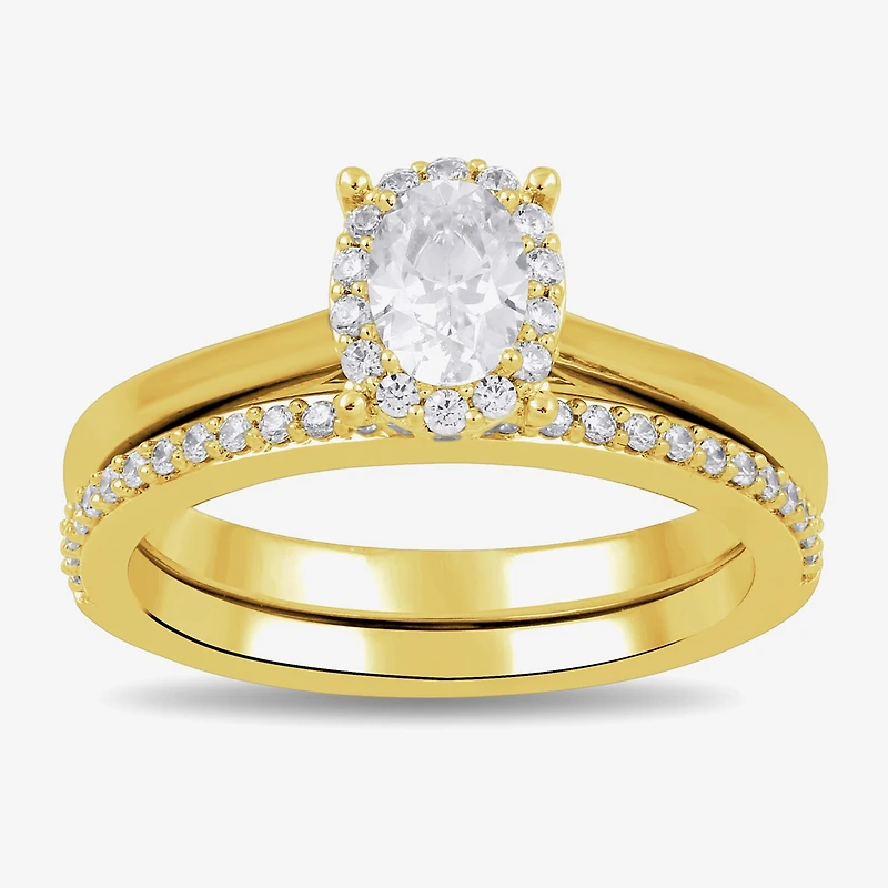 (G / Si2) Womens 3/4 CT. T.W. Lab Grown White Diamond 14K Gold Over Silver Oval Side Stone Halo Bridal Set