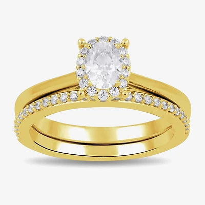 (G / Si2) Womens 3/4 CT. T.W. Lab Grown White Diamond 14K Gold Over Silver Oval Side Stone Halo Bridal Set