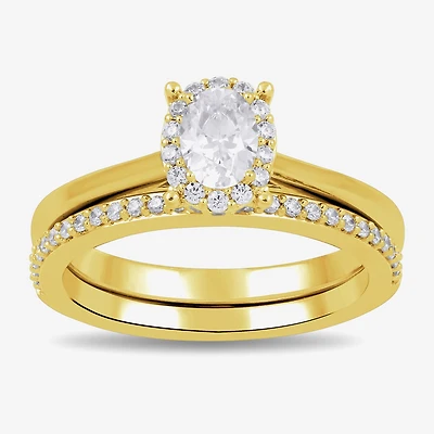 (G / Si2) Womens 3/4 CT. T.W. Lab Grown White Diamond 14K Gold Over Silver Oval Side Stone Halo Bridal Set