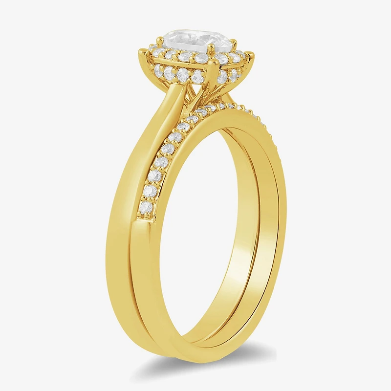 (G / Si2) Womens 3/4 CT. T.W. Lab Grown White Diamond 14K Gold Over Silver Oval Side Stone Halo Bridal Set