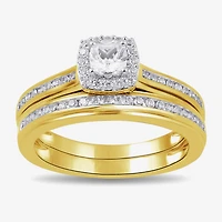 (G / Si2) Womens 3/4 CT. T.W. Lab Grown White Diamond 14K Gold Over Silver Cushion Side Stone Halo Bridal Set
