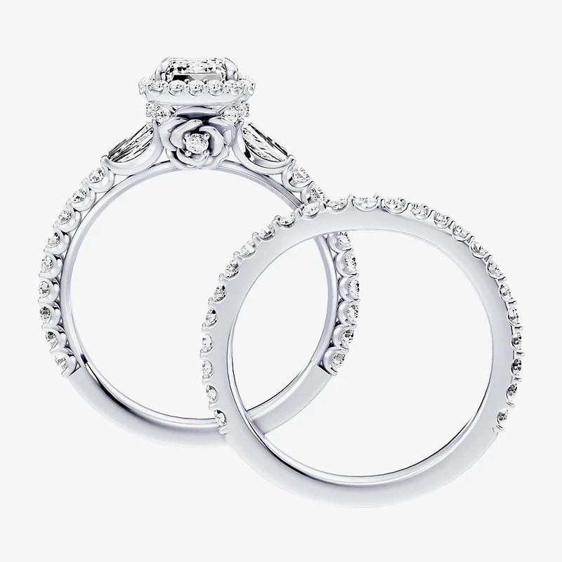 Enchanted Disney Fine Jewelry Belle (F / Si1) Womens 2 1/8 Ct. T.W. Lab Grown White Diamond 10K Gold Rectangular Beauty and the Beast Princess Side Stone Halo Bridal Set