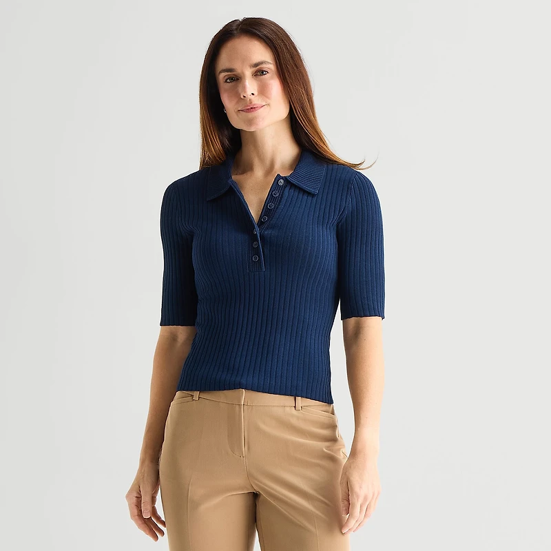 Liz Claiborne Womens Elbow Sleeve Polo Sweater