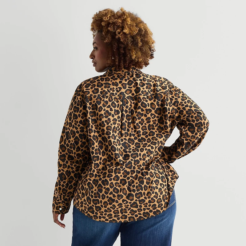 St. John's Bay Womens Plus Easy-on + Easy-off Cuffed Long Sleeve Regular Fit Button-Down Shirt