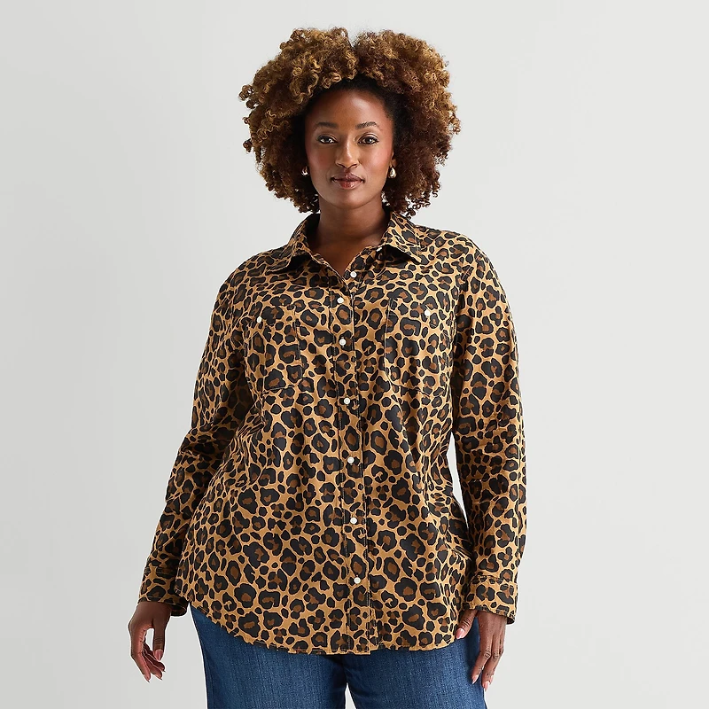 St. John's Bay Womens Plus Easy-on + Easy-off Cuffed Long Sleeve Regular Fit Button-Down Shirt