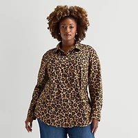 St. John's Bay Womens Plus Easy-on + Easy-off Cuffed Long Sleeve Regular Fit Button-Down Shirt