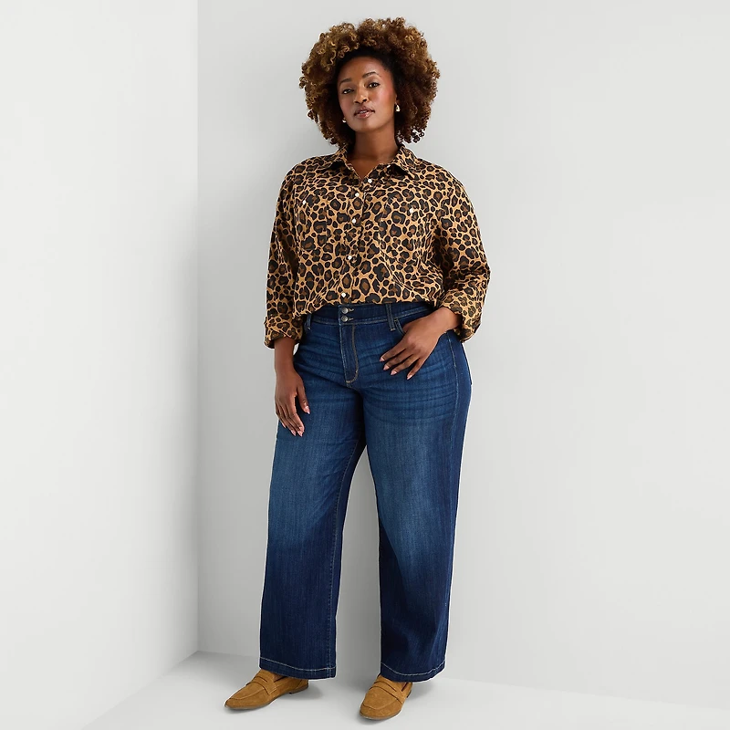 St. John's Bay Womens Plus Easy-on + Easy-off Cuffed Long Sleeve Regular Fit Button-Down Shirt