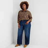 St. John's Bay Womens Plus Easy-on + Easy-off Cuffed Long Sleeve Regular Fit Button-Down Shirt