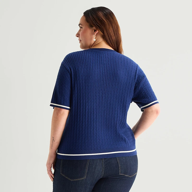 St. John's Bay Plus Womens Crew Neck Short Sleeve Cable Knit Pullover Sweater