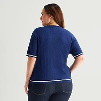 St. John's Bay Plus Womens Crew Neck Short Sleeve Cable Knit Pullover Sweater