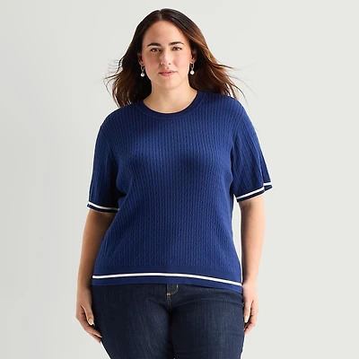 St. John's Bay Plus Womens Crew Neck Short Sleeve Cable Knit Pullover Sweater