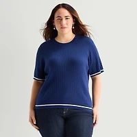 St. John's Bay Plus Womens Crew Neck Short Sleeve Cable Knit Pullover Sweater
