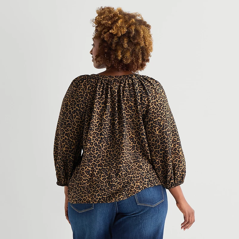 St. John's Bay Womens Plus Split Tie Neck 3/4 Sleeve Blouse