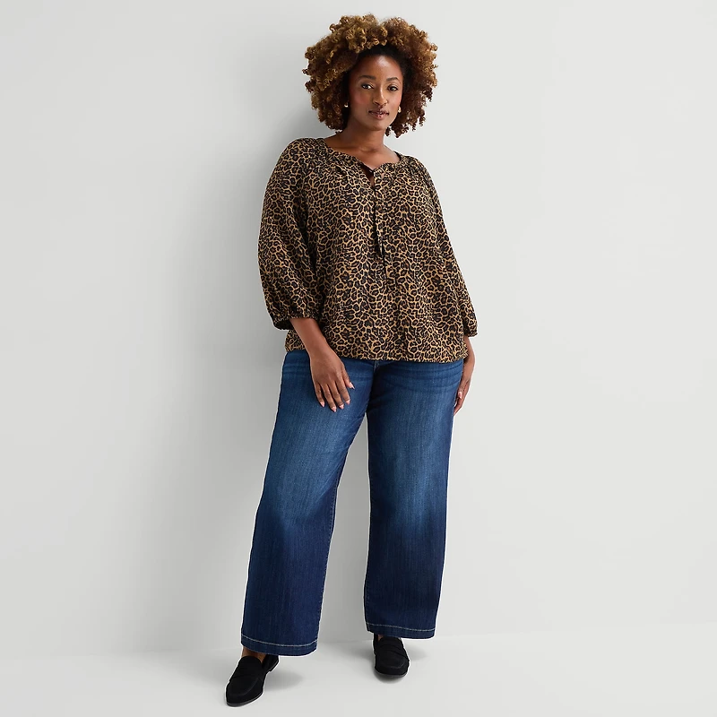 St. John's Bay Womens Plus Split Tie Neck 3/4 Sleeve Blouse