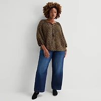 St. John's Bay Womens Plus Split Tie Neck 3/4 Sleeve Blouse