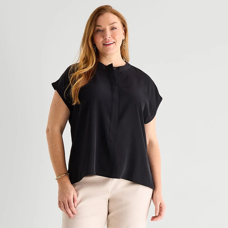 Liz Claiborne Womens Plus Crew Neck Short Sleeve Blouse