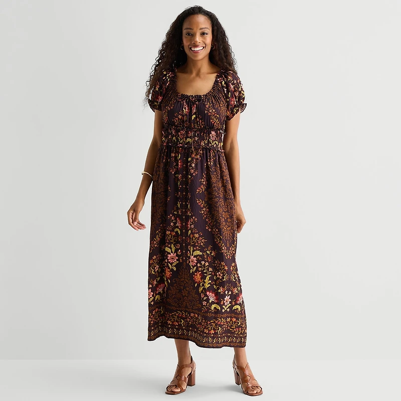 Be by CHETTA B Womens Square Neck Short Sleeve Puffed Maxi Dress