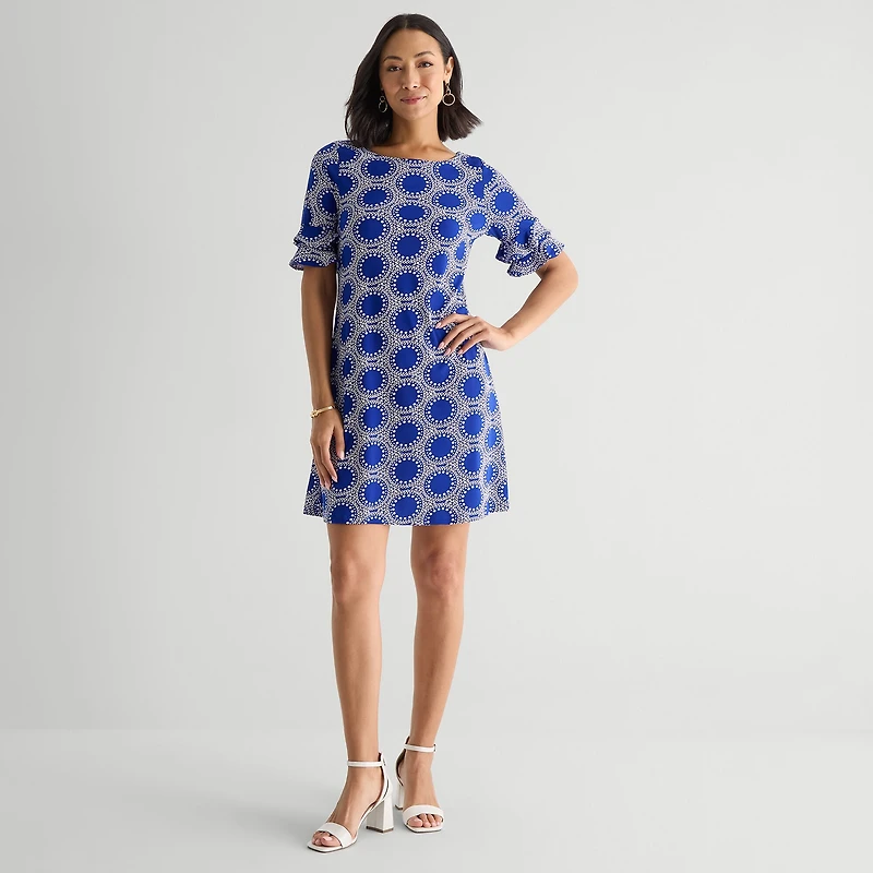Perceptions Womens Round Neck Short Sleeve Abstract Shift Dress