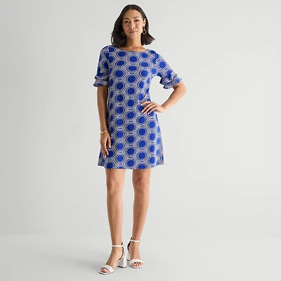 Perceptions Womens Round Neck Short Sleeve Abstract Shift Dress