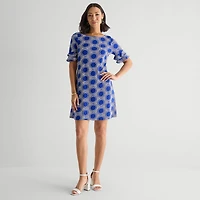 Perceptions Womens Round Neck Short Sleeve Abstract Shift Dress