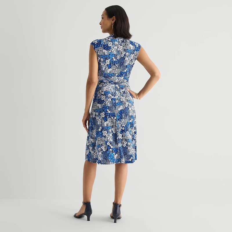 Perceptions Womens V Neck Sleeveless Floral Fit + Flare Dress