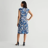Perceptions Womens V Neck Sleeveless Floral Fit + Flare Dress