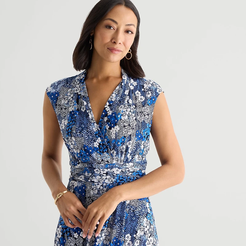 Perceptions Womens V Neck Sleeveless Floral Fit + Flare Dress