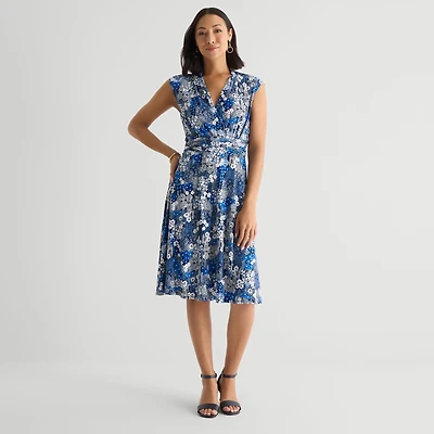 Perceptions Womens V Neck Sleeveless Floral Fit + Flare Dress