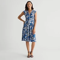 Perceptions Womens V Neck Sleeveless Floral Fit + Flare Dress