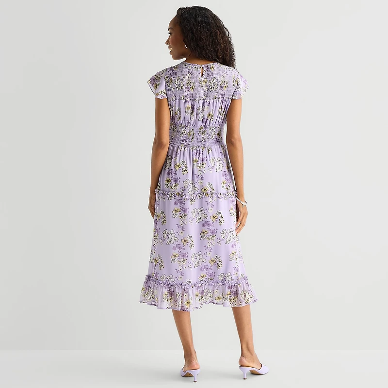 Perceptions Womens Midi Round Neck Short Sleeve Ruffled Floral Fit + Flare Dress